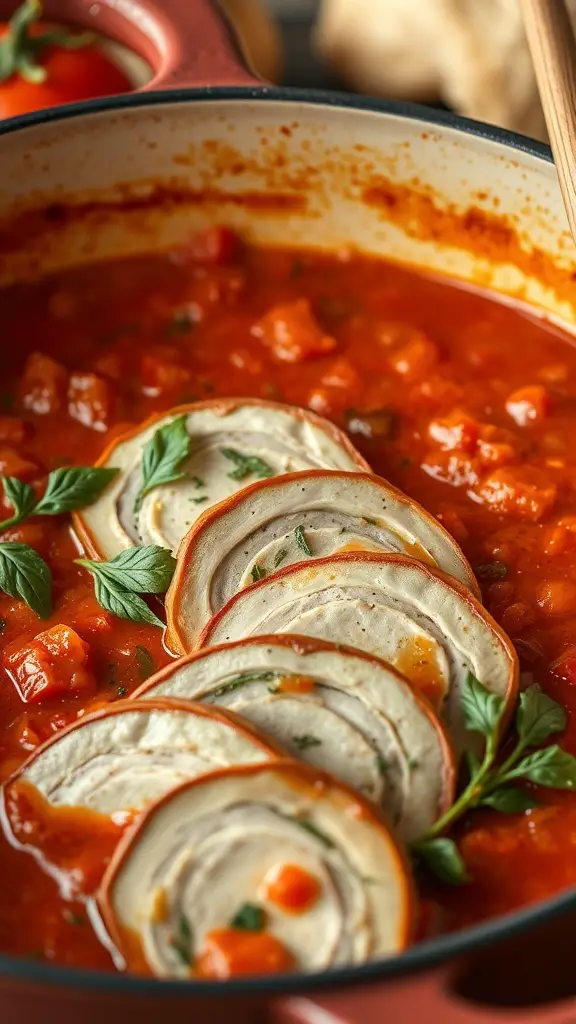 Braciole stuffed with herbs simmering in tomato sauce