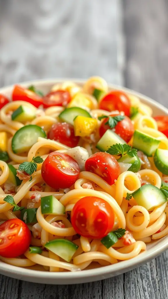 A bowl of elbow noodle salad with cherry tomatoes, cucumbers, and bell peppers.