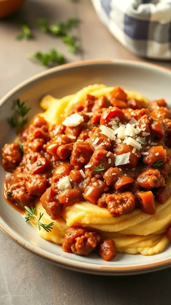 A bowl of creamy polenta topped with turkey Bolognese sauce, garnished with herbs and cheese.