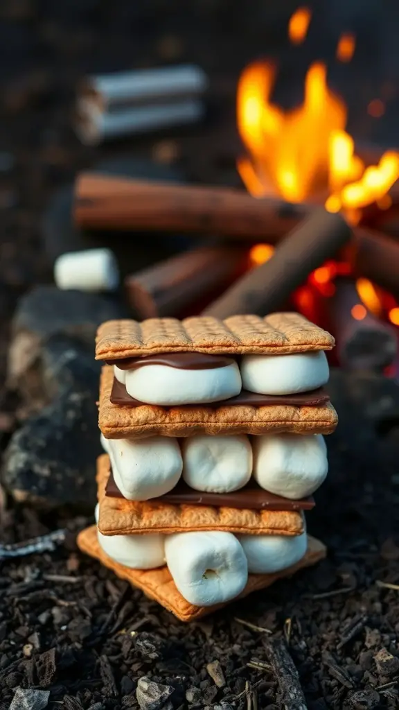 A stack of Ritz Cracker S'mores with marshmallows and chocolate, in front of a campfire.