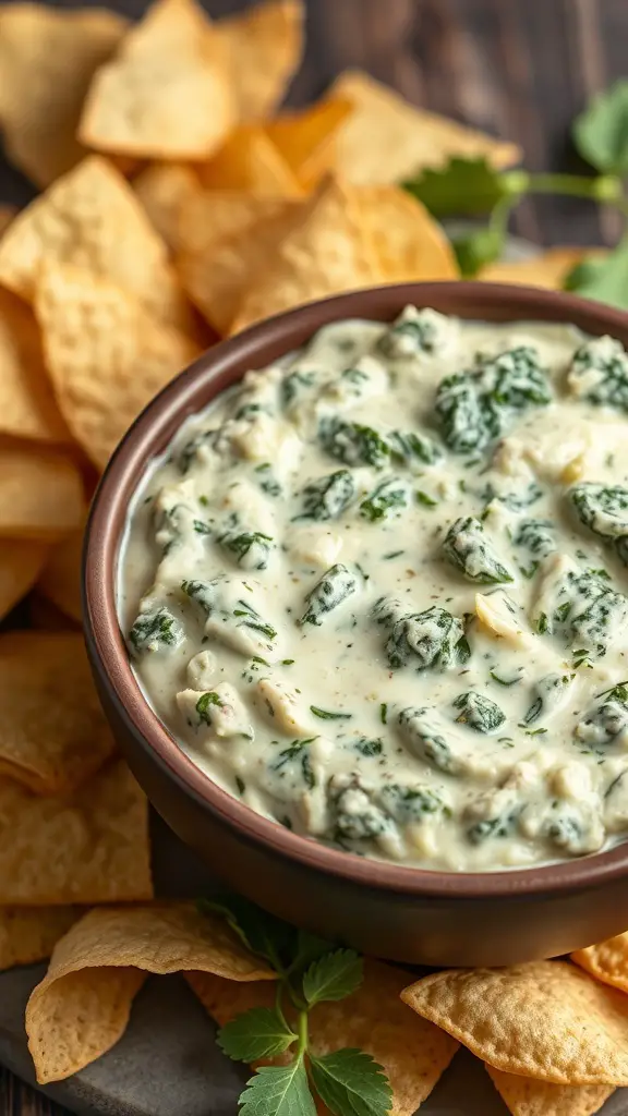 A bowl of spinach and artichoke dip surrounded by tortilla chips.
