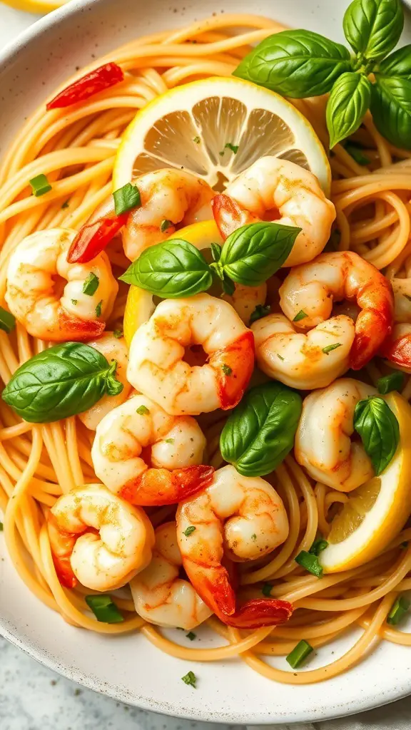 A bowl of Lemon Basil Spaghetti with shrimp, garnished with lemon slices and fresh basil.