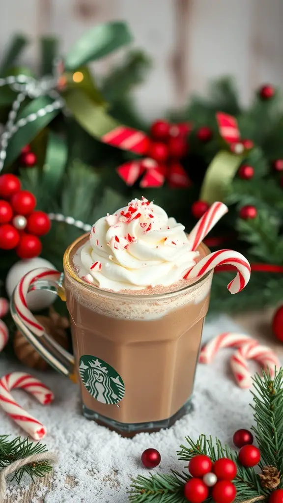 A festive Peppermint Mocha drink topped with whipped cream and candy canes, surrounded by holiday decorations.