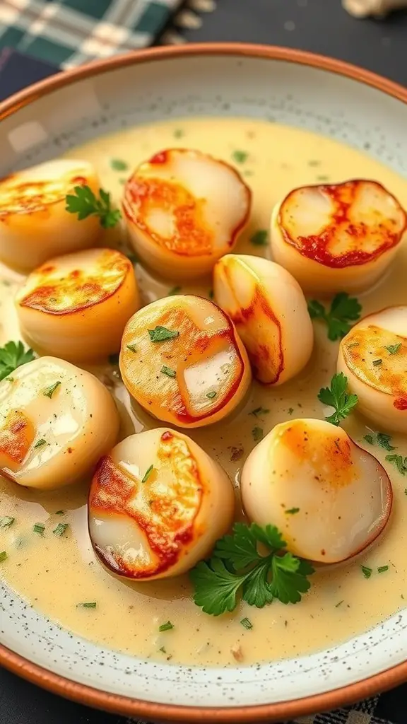 A plate of creamy garlic butter scallops with parsley garnish.