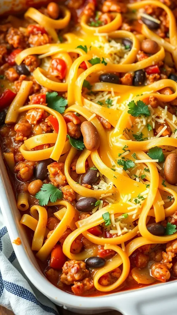A delicious vegetarian chili noodle casserole topped with cheese and cilantro.