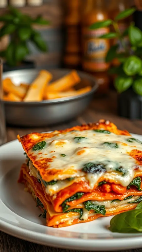 A delicious serving of vegetable lasagna with spinach, topped with melted cheese.