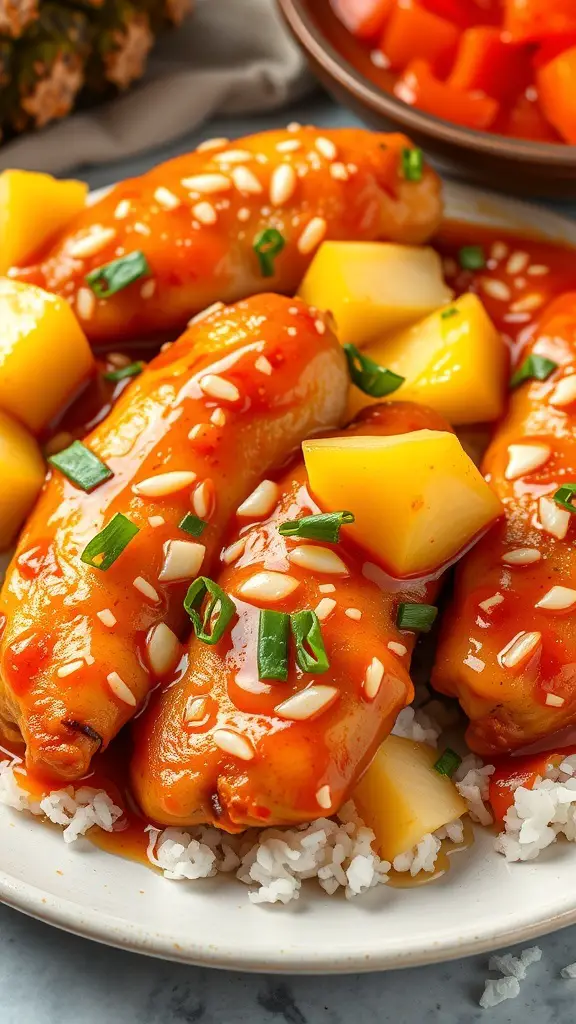 Sweet and sour baked chicken tenderloins with pineapple and green onions over rice.