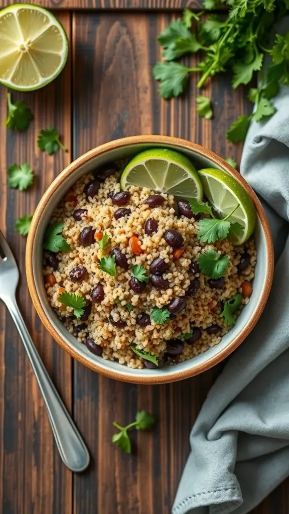 A quinoa and black bean bowl garnished with lime and cilantro.