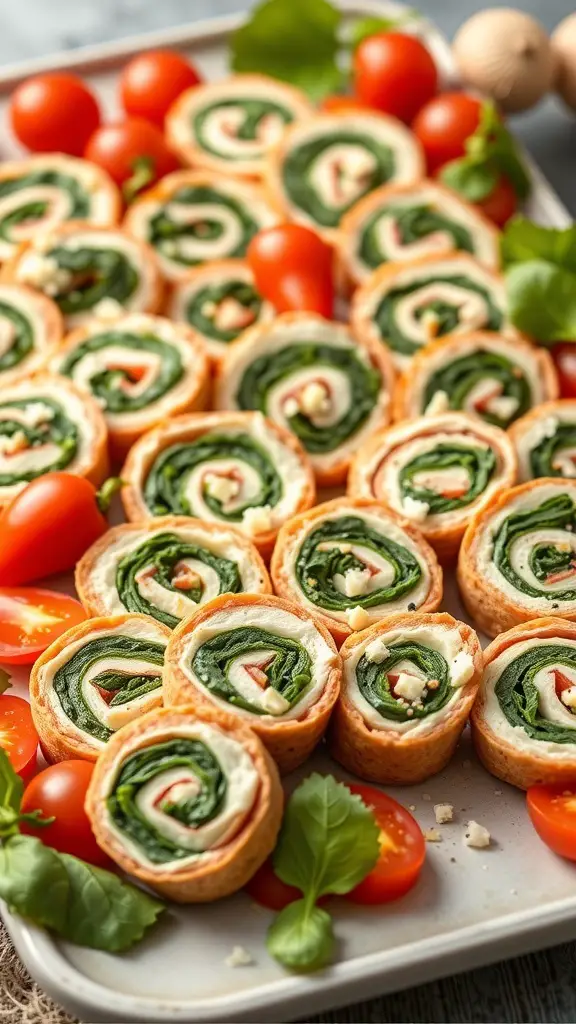 A platter of spinach and feta pinwheels surrounded by cherry tomatoes and fresh greens.