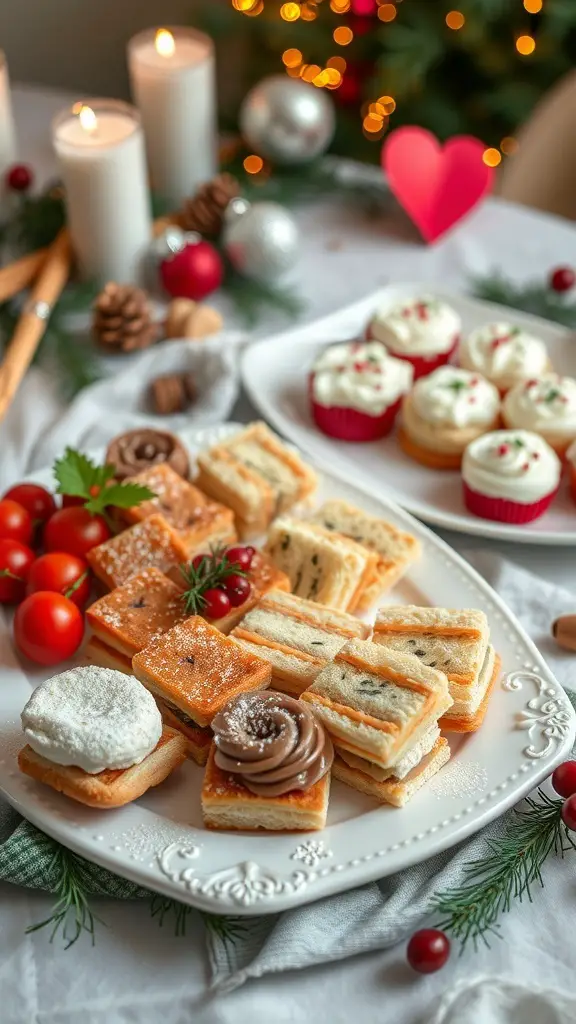 A festive spread of finger foods for a Christmas tea party, featuring pastries, cupcakes, and cherry tomatoes.