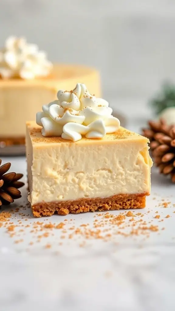 A slice of eggnog cheesecake bar topped with whipped cream and nutmeg, with pine cones in the background.