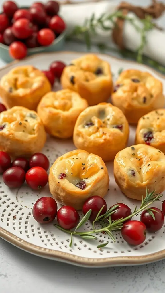 A plate of cranberry brie bites surrounded by fresh cranberries and rosemary.