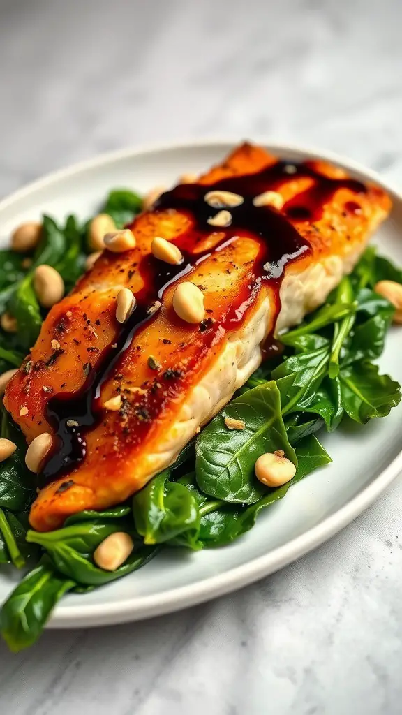 Balsamic glazed salmon fillet on a bed of spinach with pine nuts