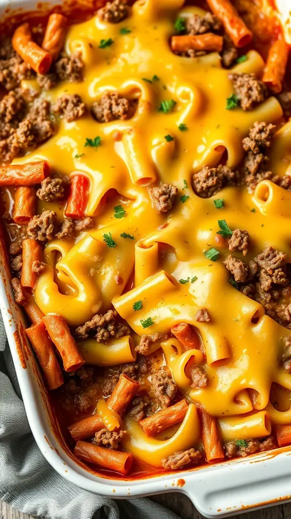 A delicious elbow noodle casserole with ground beef and melted cheese.