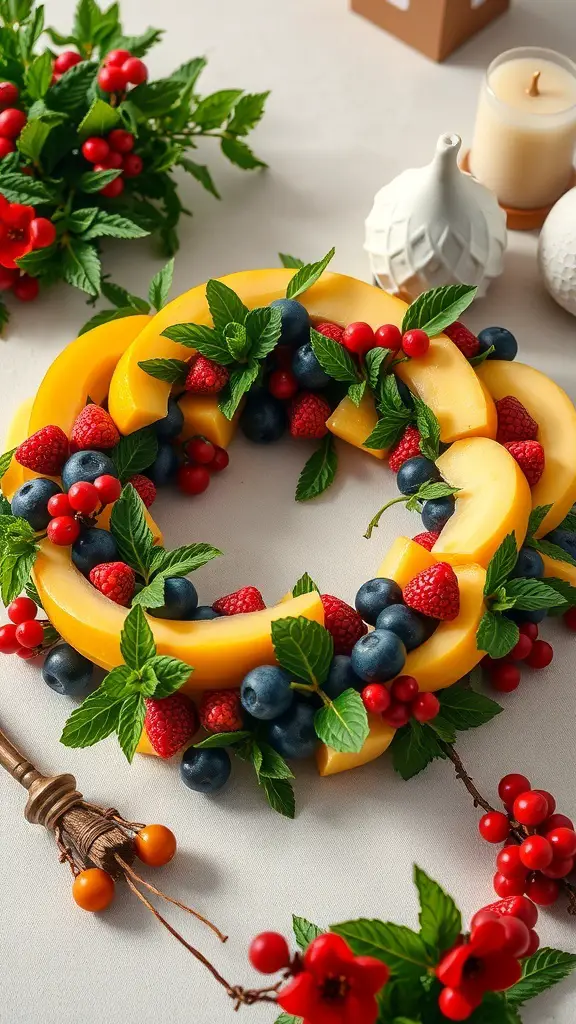 A colorful fruit wreath made with mango, blueberries, raspberries, and mint leaves, perfect for Christmas snacks.
