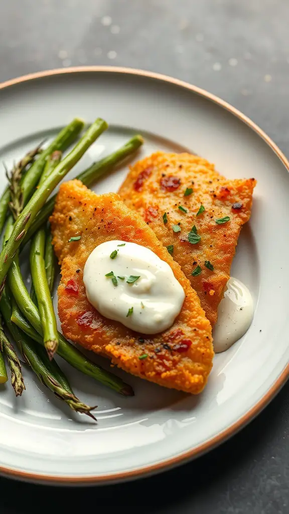 Fried tilapia fillets with garlic aioli and green beans on a plate.