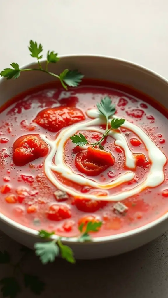 A bowl of roasted red pepper and tomato soup garnished with cream and herbs.