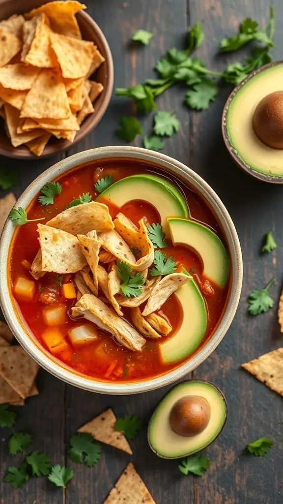 A bowl of spicy chicken tortilla soup topped with avocado, tortilla strips, and cilantro, with tortilla chips on the side.
