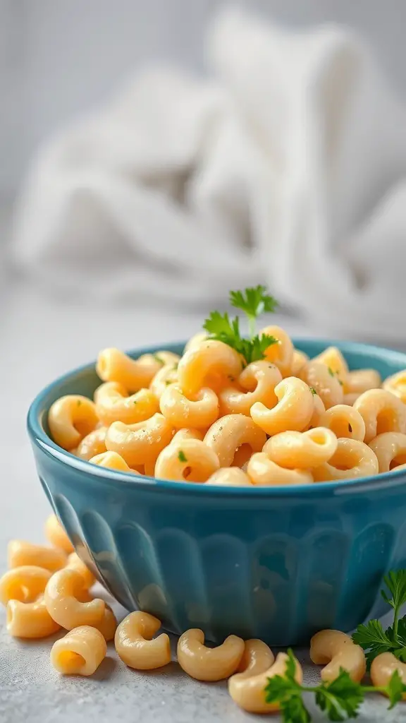 A bowl of elbow pasta with a sprinkle of parsley on top, surrounded by loose pasta on a light surface.