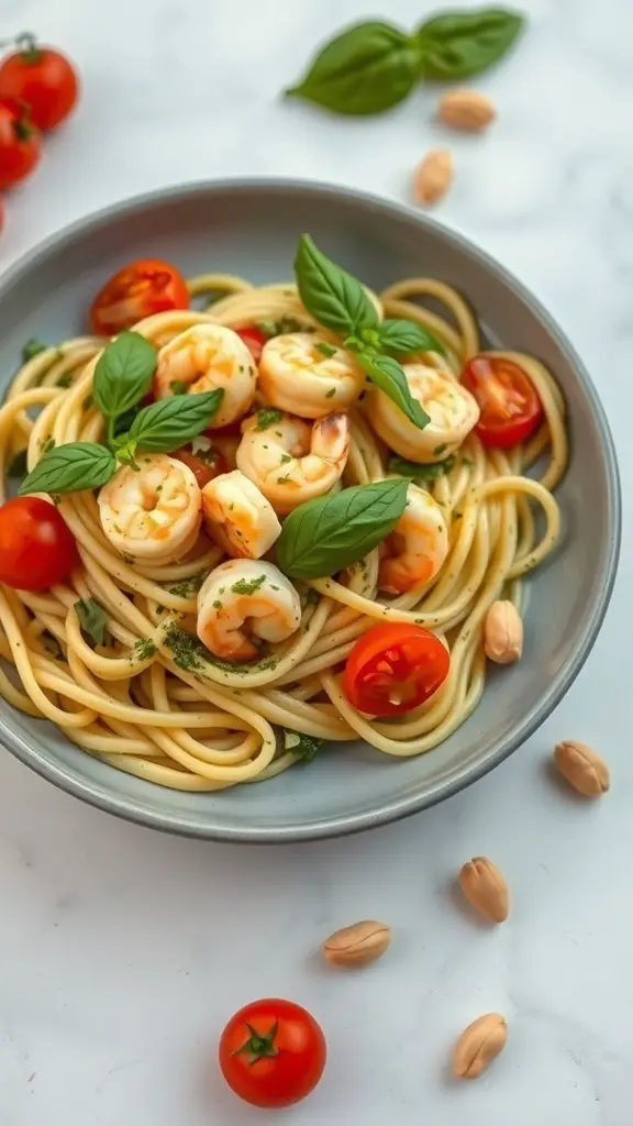 A bowl of pesto shrimp fettuccine garnished with basil and cherry tomatoes.