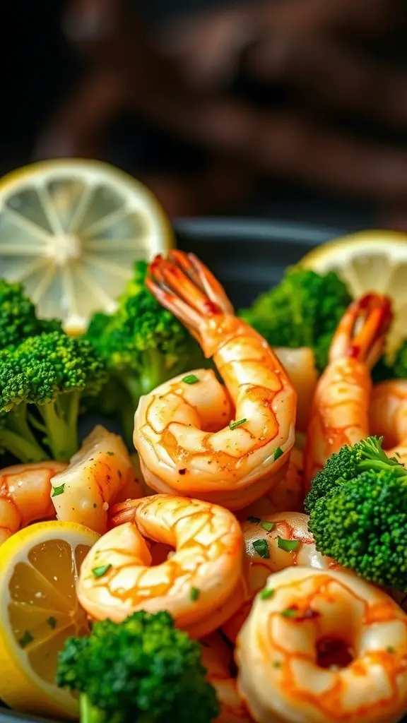A plate of zesty lemon garlic shrimp with broccoli and lemon slices.