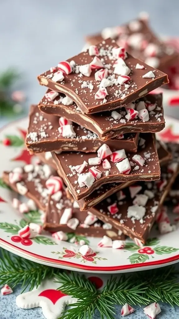 A plate of chocolate peppermint bark topped with crushed peppermint candies, surrounded by festive decorations.