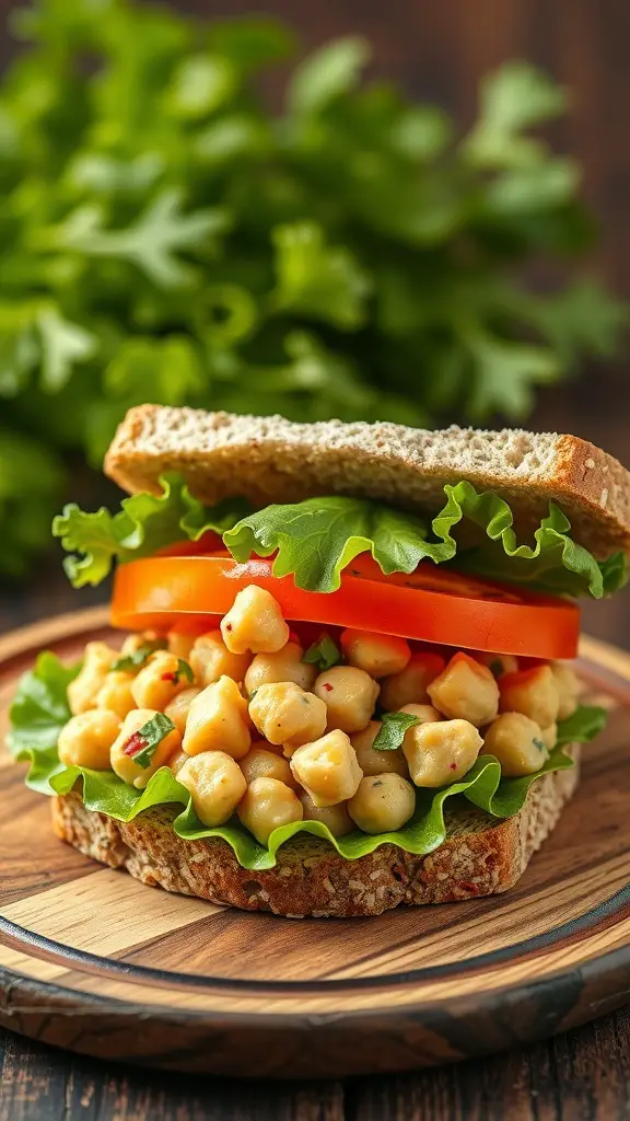A delicious chickpea salad sandwich with lettuce and tomato on whole grain bread.