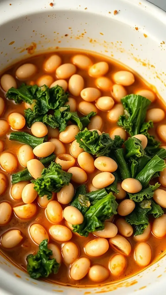 A slow cooker filled with white beans and kale in a rich broth.