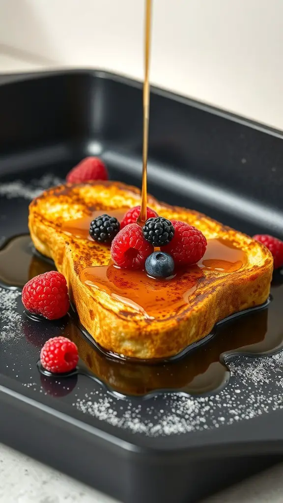 Golden French toast topped with maple syrup and fresh berries