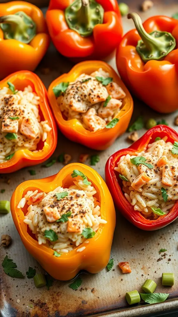 Colorful bell peppers stuffed with salmon and rice, garnished with herbs.