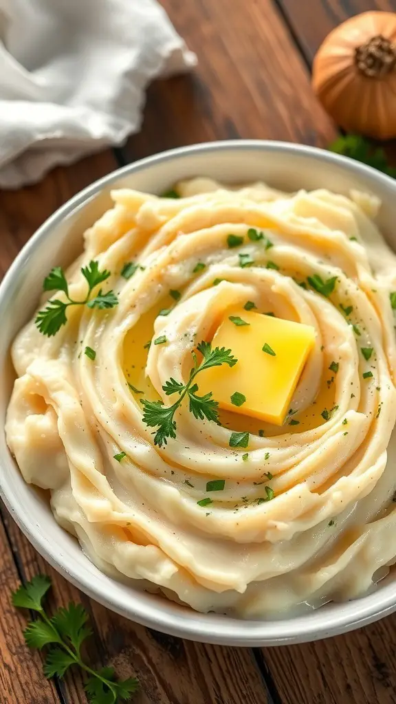 A bowl of creamy garlic mashed potatoes topped with butter and herbs