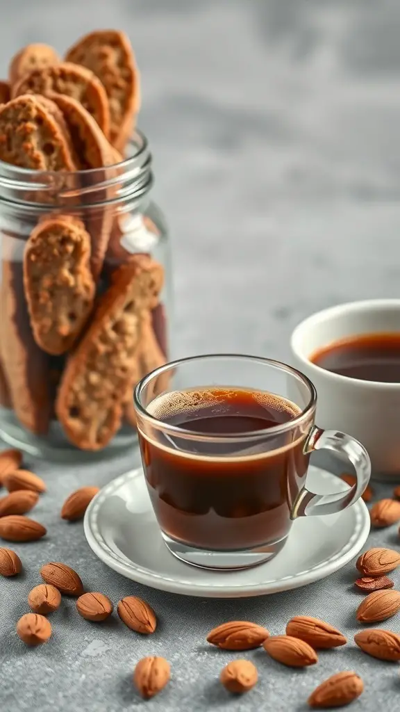 A jar of cantucci cookies next to a cup of coffee and scattered almonds.