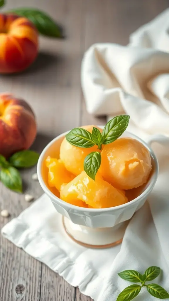 A bowl of peach basil sorbet garnished with basil leaves, with fresh peaches in the background.