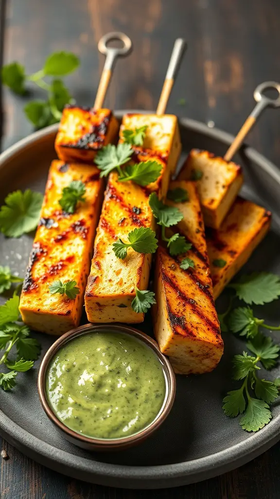 Grilled paneer tikka skewers with green chutney and cilantro garnish