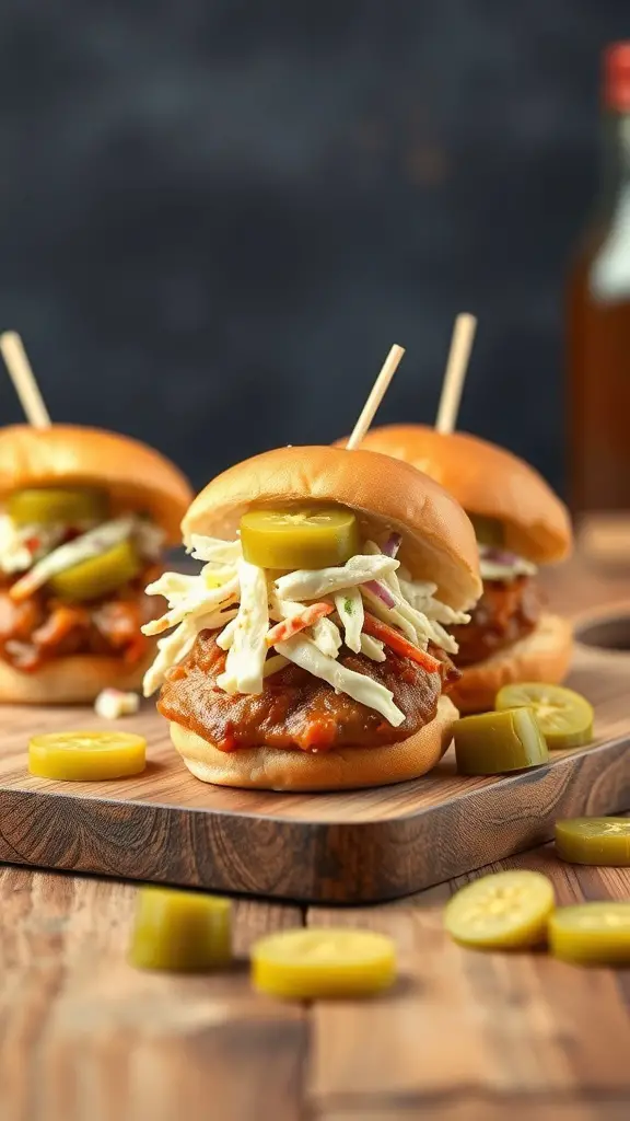 Delicious barbecue turkey sliders with coleslaw and pickles on a wooden board.