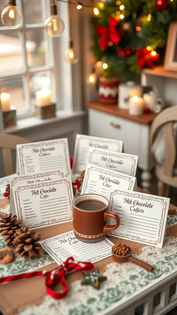 Personalized hot chocolate recipe cards displayed on a table with a cup of hot chocolate