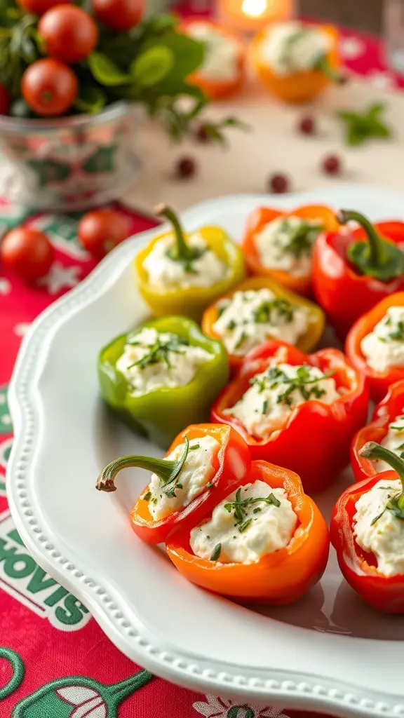 A platter of stuffed mini peppers filled with cream cheese and herbs, surrounded by fresh tomatoes and festive decorations.