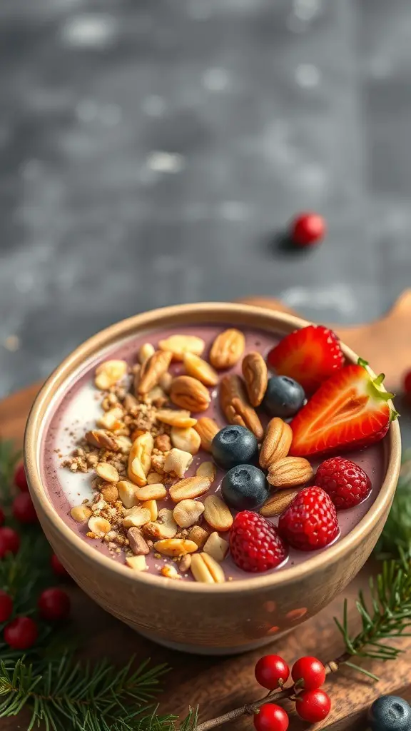 A colorful smoothie bowl topped with strawberries, blueberries, raspberries, and nuts, surrounded by festive decorations.