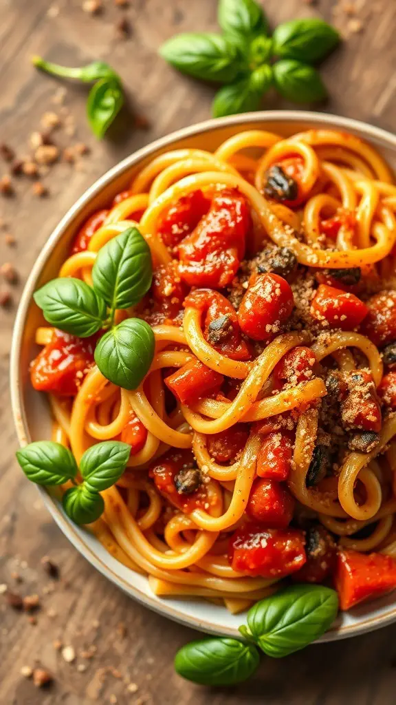 A plate of ditalini pasta in spicy tomato sauce garnished with fresh basil.