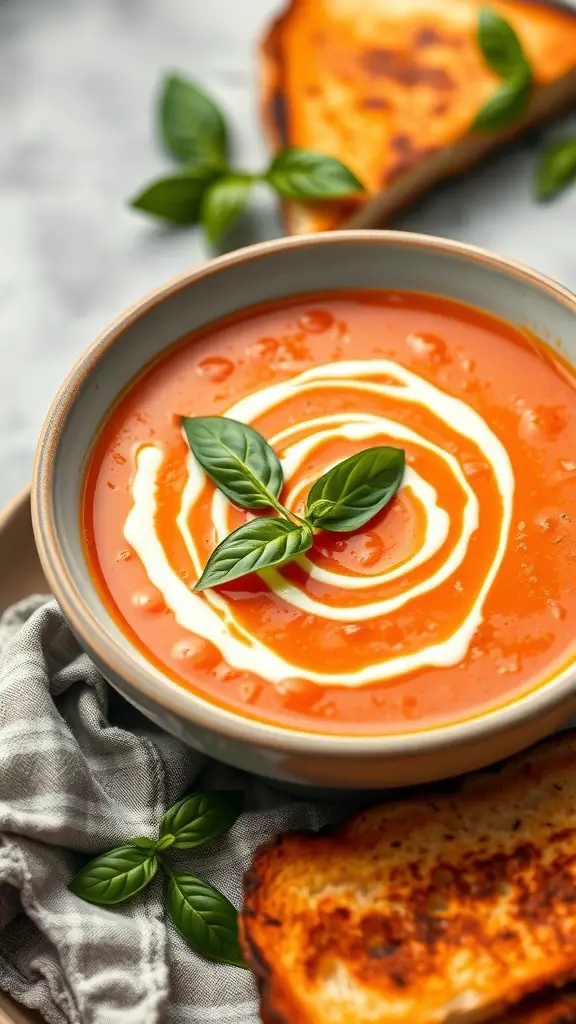 A bowl of creamy tomato soup garnished with basil leaves and a swirl of cream, accompanied by toasted bread.