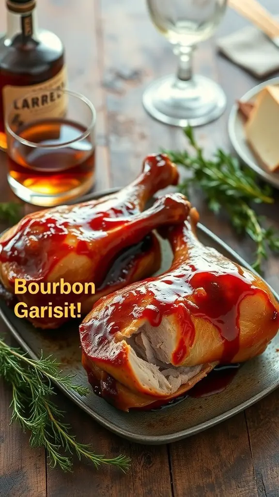 Bourbon glazed turkey legs with a bottle of bourbon and herbs on a wooden table.