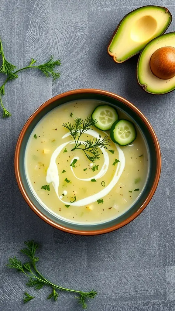 A bowl of chilled cucumber and avocado soup garnished with herbs, alongside a halved avocado.