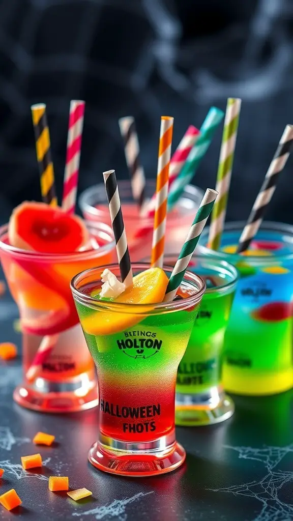 Colorful Halloween jello shots with straws and fruit toppings