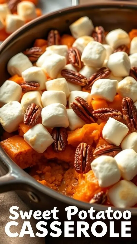 A close-up of a sweet potato casserole topped with marshmallows and pecans.