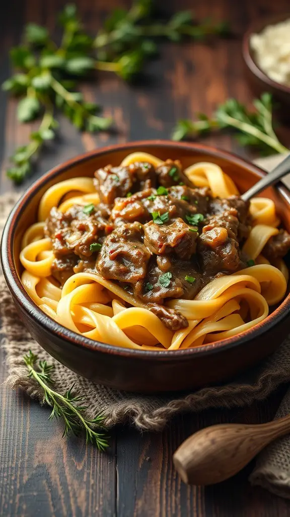 A bowl of egg noodles topped with beef stroganoff, garnished with fresh herbs.