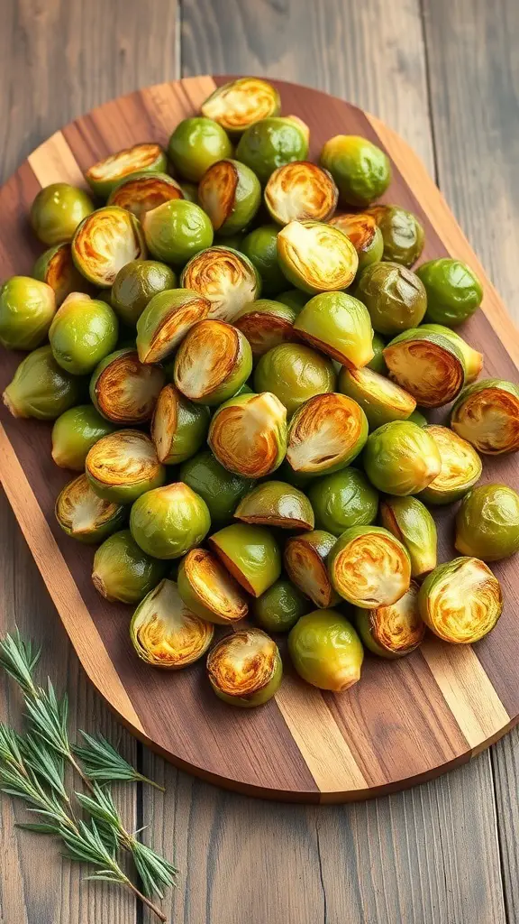 A platter of roasted Brussels sprouts with a golden brown finish, garnished with herbs.
