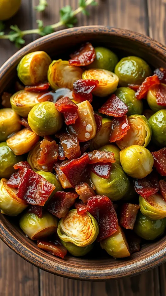 A bowl of Brussels sprouts mixed with crispy bacon and drizzled with maple syrup