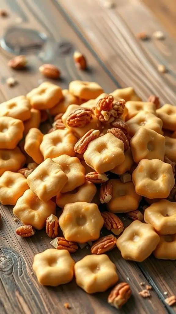 A pile of Nutty Ritz Cracker Clusters with pecans on a wooden surface.