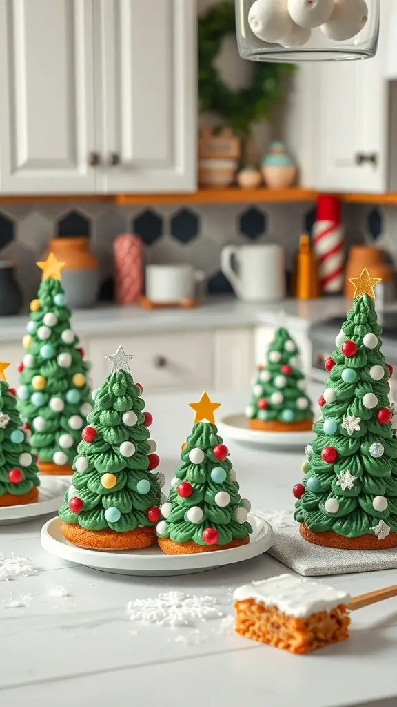 A festive display of decorated Christmas Tree Cakes in a cozy kitchen setting.