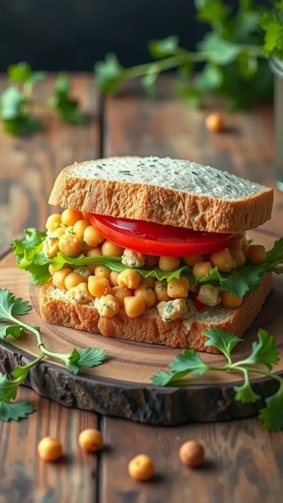 A delicious chickpea salad sandwich with lettuce and tomato on whole grain bread.